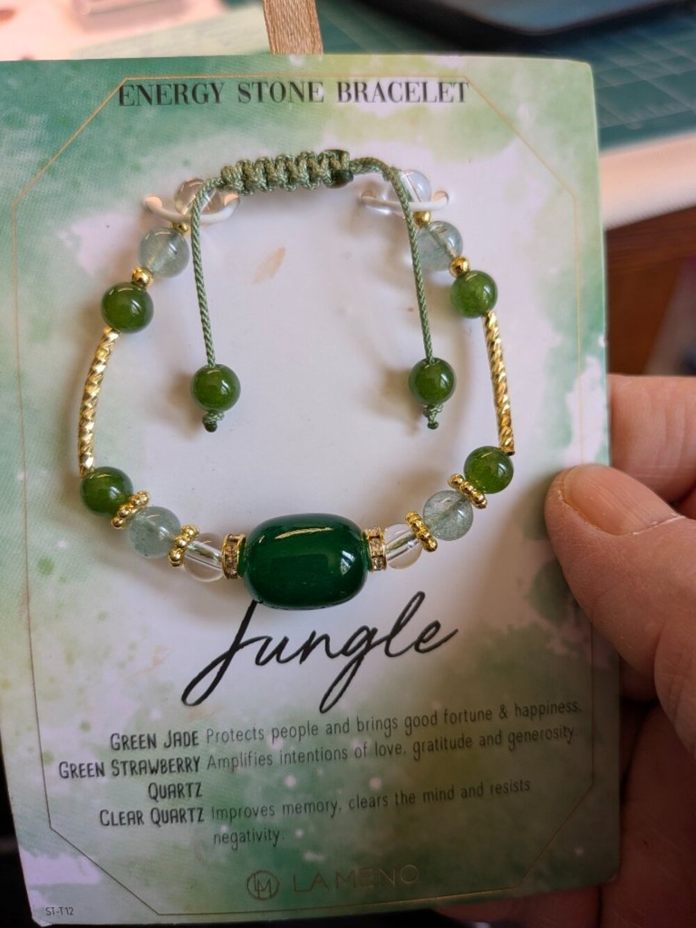 La Meno “Jungle” Energy Stone Bracelet – Green Jade & Quartz –New on Card